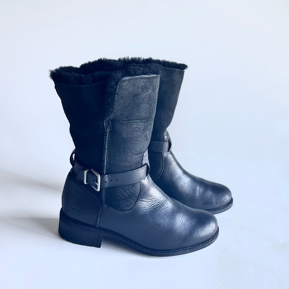 UGG Black Genuine Leather Shearling Mid Calf Boots size 8